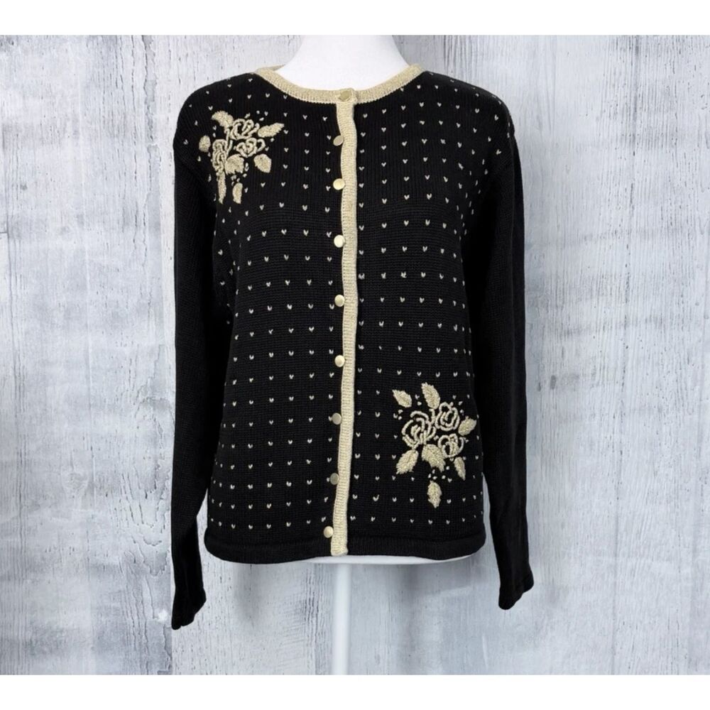 Lise J Button Up Sweater Women's S Black Gold Metallic Floral Cardigan Holiday